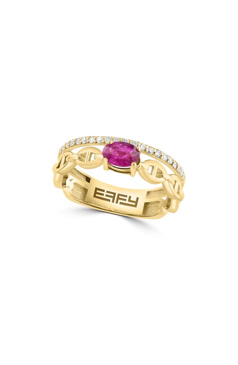 14K Yellow Gold Ruby & Diamond Double Band Ring - 0.16ct.