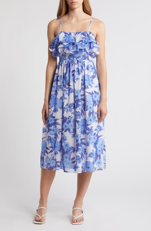 Printed Tiered Ruffle Chiffon Midi Dress in Blue Blossoms