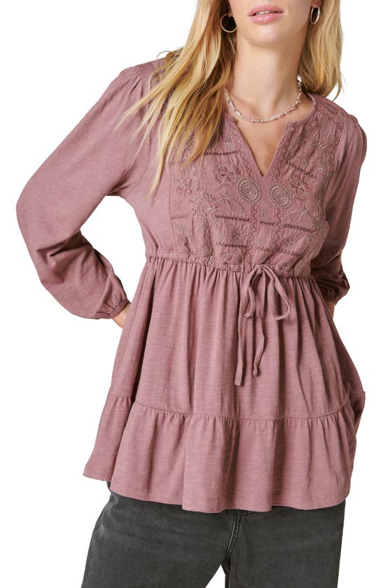 Shop Lucky Brand Embroidered Long Sleeve Top In Roan Rouge