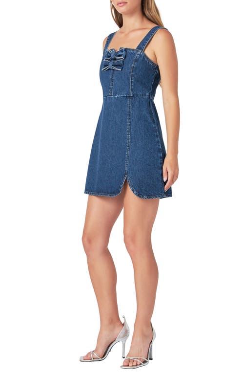 Endless Rose Rhinestone Bow Trim Denim Minidress In Blue