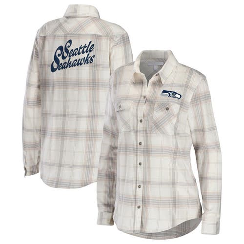 Women's WEAR by Erin Andrews Cream/Gray Seattle Seahawks Plaid Flannel Tri-Blend Long Sleeve Button-Up Shirt