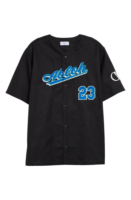 Shop Off-white Baseball Short Sleeve Cotton Button-up Shirt In Black Reflex Blue