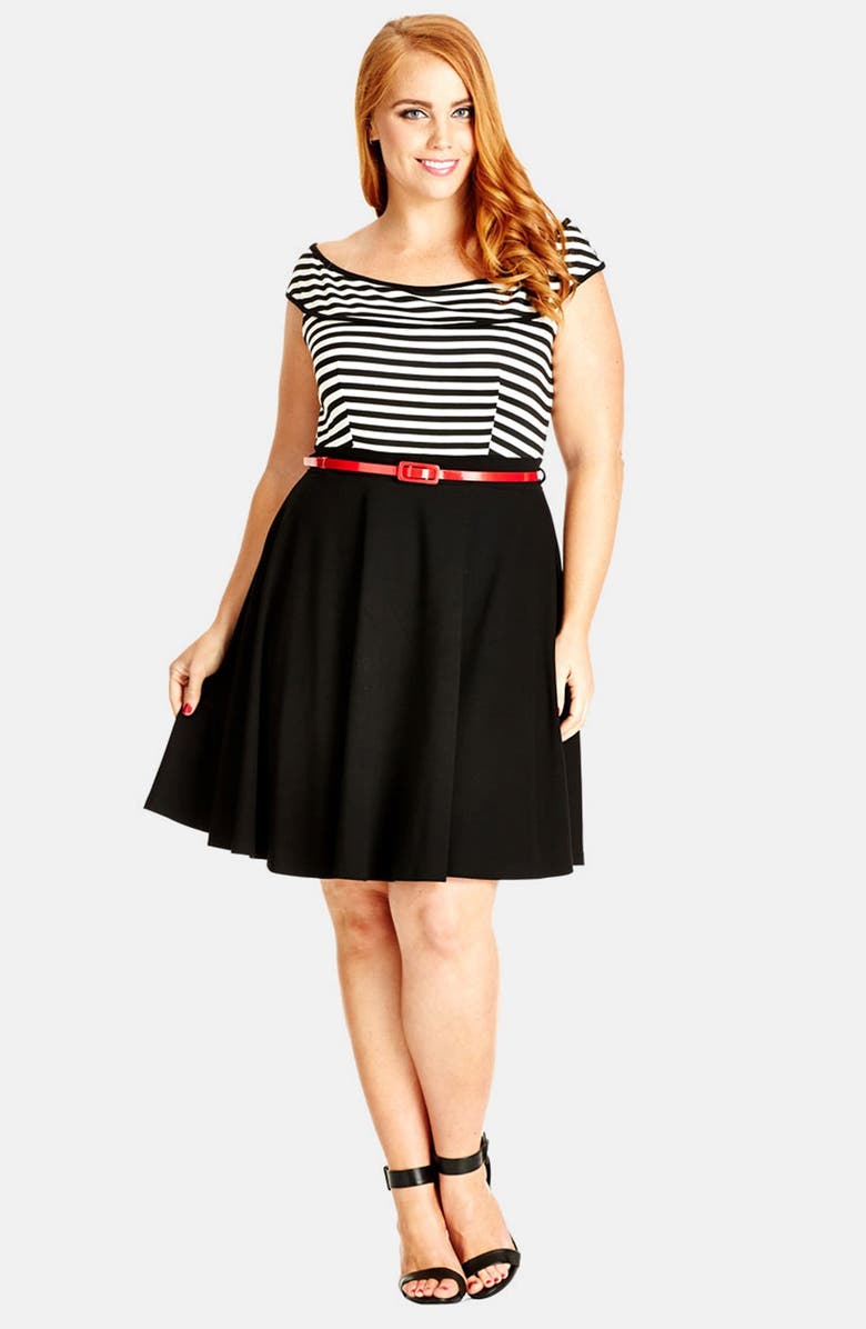 City Chic Off Shoulder Stripe Fit & Flare Dress (Plus Size) | Nordstrom