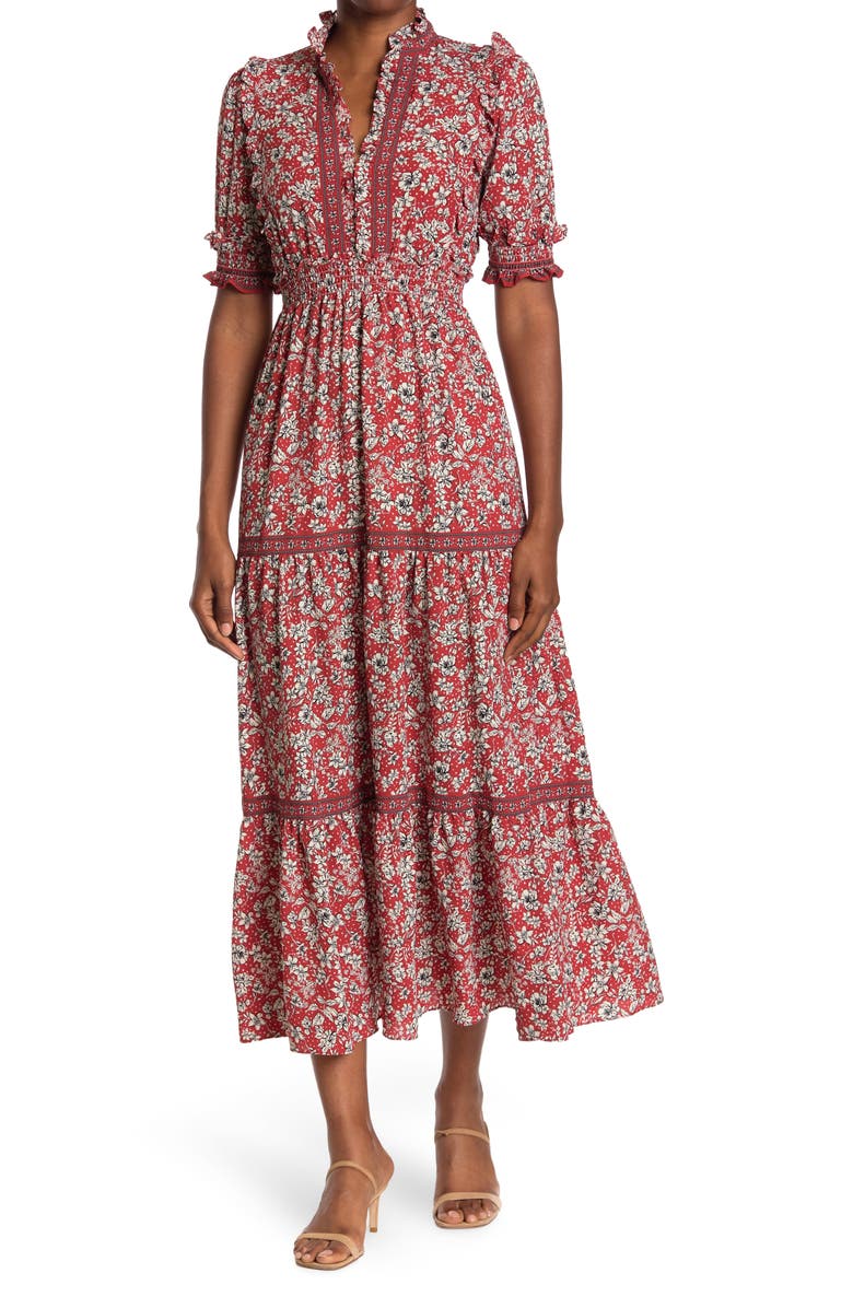 MAX STUDIO Elbow Length Sleeve Print Tiered Maxi Dress, Main, color, TERIVDOR