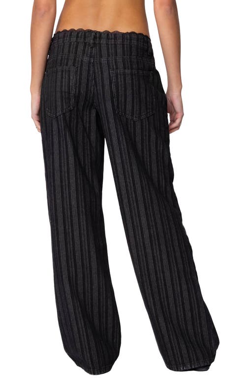 Edikted Stripe Lace Trim Low Rise Wide Leg Jeans In Black