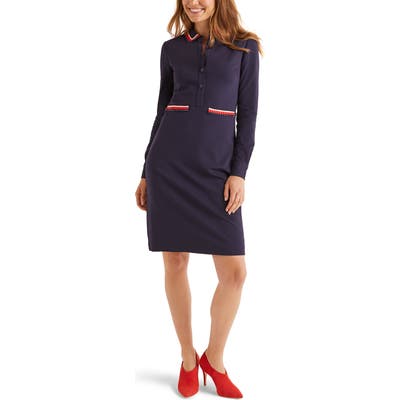 Boden Amber Button Front Long Sleeve Ponte Dress, Blue