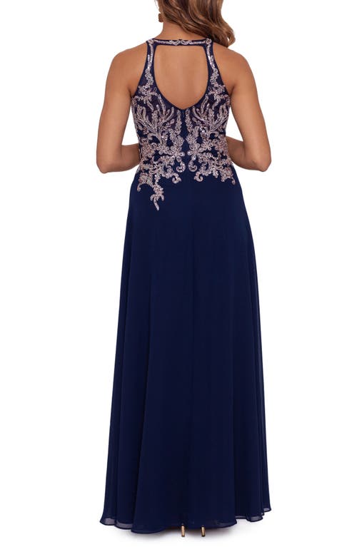 Betsy & Adam Embellished-bodice Chiffon Gown In Navy/rose