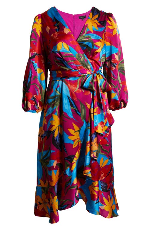 Shop Tahari Asl Floral Satin Faux Wrap Dress In Wild Berry Multi