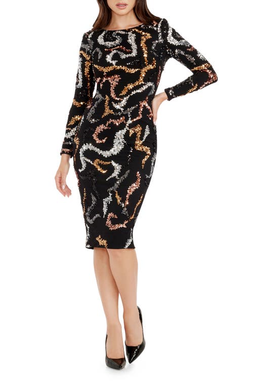 Dress the Population Emmalyn Squiggle Sequin Long Sleeve Cocktail Black Multi at Nordstrom,