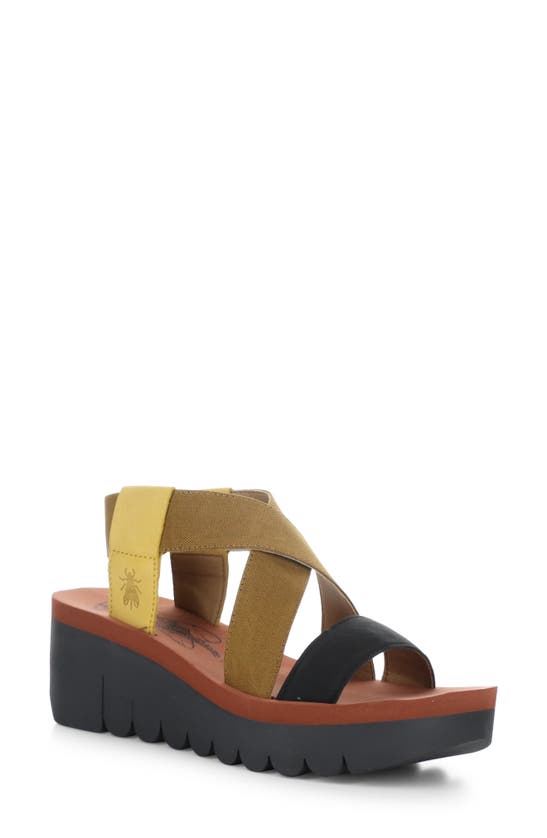 Fly London Yaby Platform Wedge Sandal In Bumblebee/ Camel/ Black Cupido