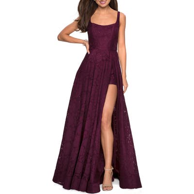 La Femme Front Slit Lace Evening Dress, Red