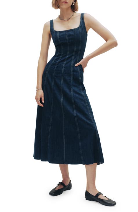 Denim square neck dress best sale