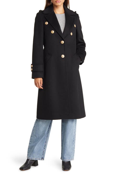 Leather Accent Double Wool Coat - Luxury Black