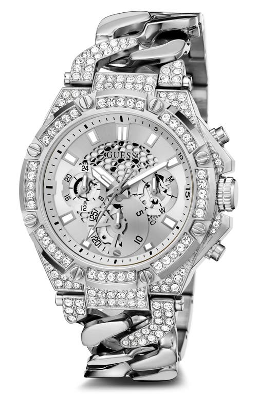 GUESS Multifunction Crystal Skeleton Curb Chain Bracelet Watch, 46mm in Silver/silver/silver at Nordstrom