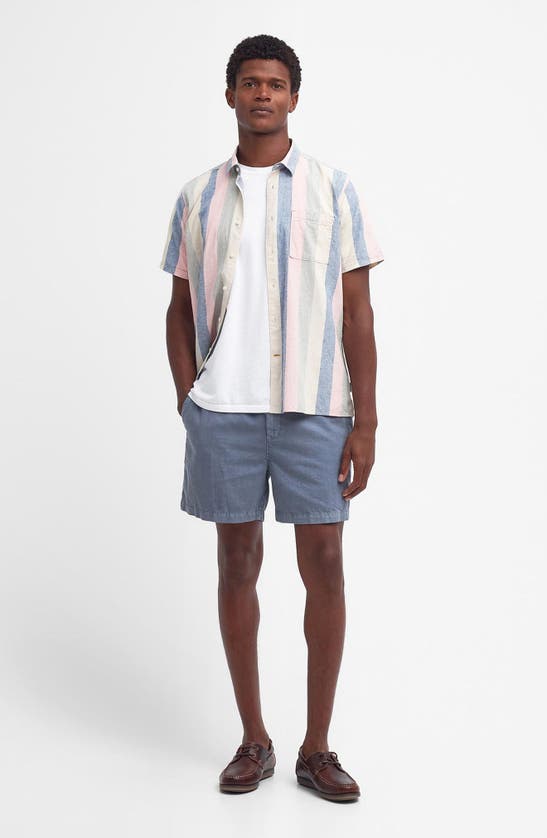 Shop Barbour Portwell Summer Fit Stripe Short Sleeve Linen & Cotton Button-up Shirt In Olive