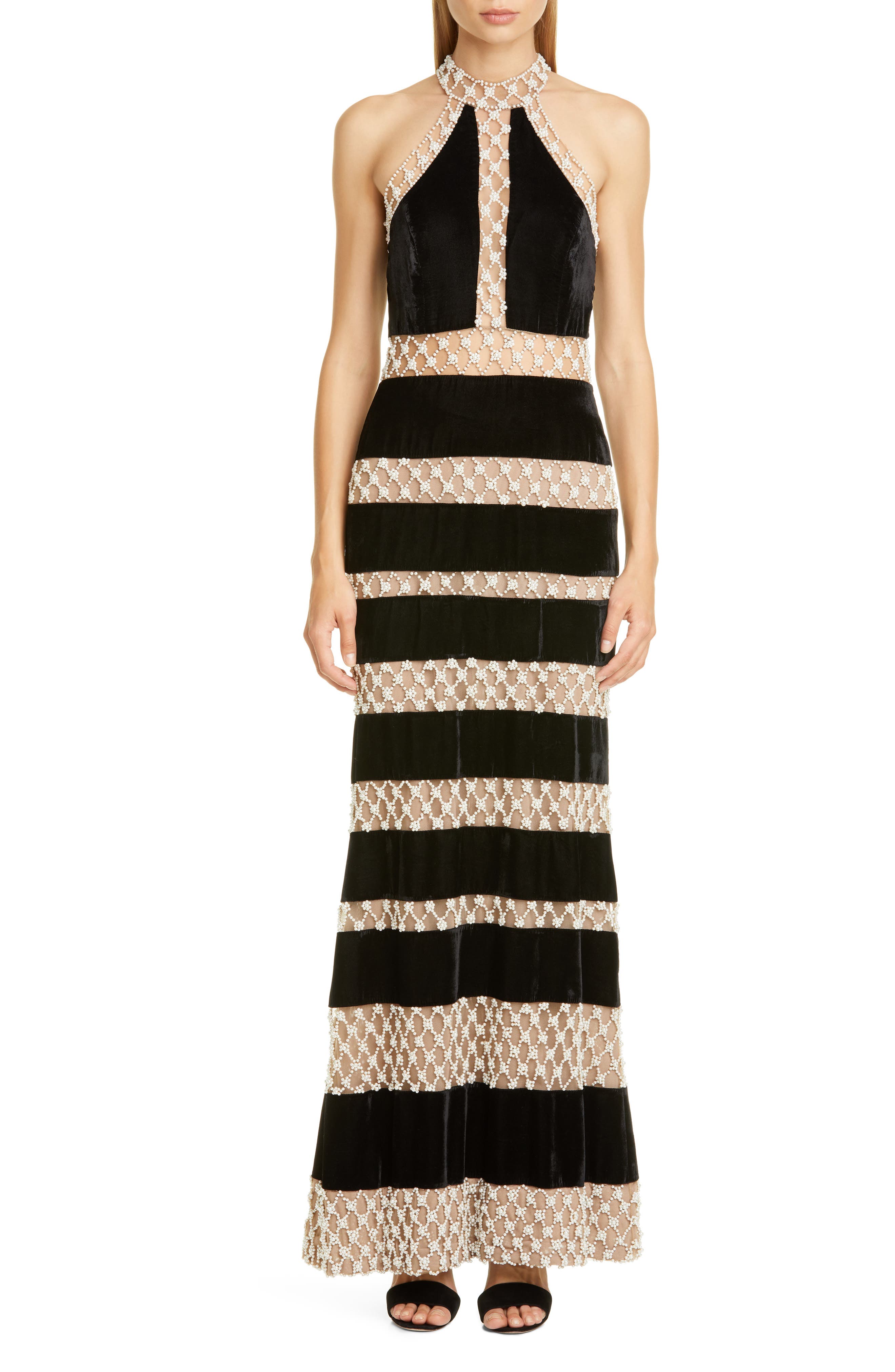 Patbo Imitation Pearl & Velvet Halter Gown, 6 BR - Black
