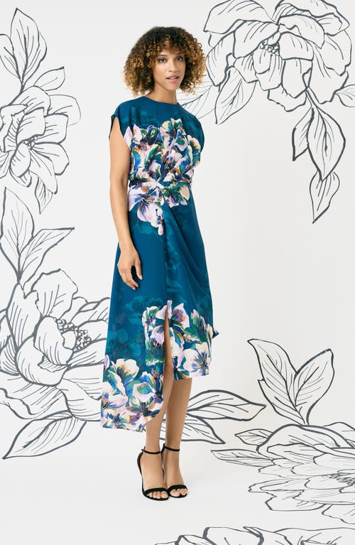 Maggy London Floral Print Asymmetric Dress In Deep Teal Blue/lt Royal Lilac