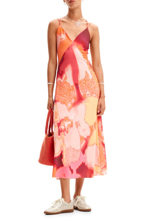 Desigual Out-of-focus Midi Slip Dress In Orange