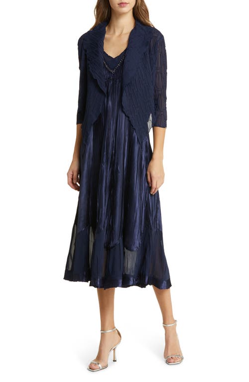 Komarov Beaded Charmeuse & Chiffon Tiered Dress with Jacket in Midnight Navy at Nordstrom, Size Large