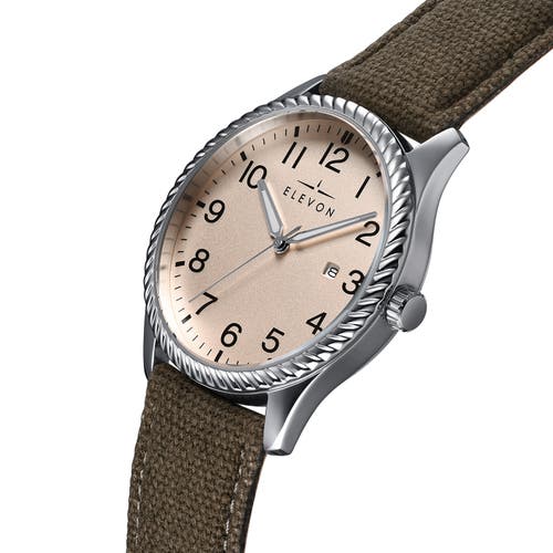 ELEVON ELEVON CROSSWIND CANVAS-OVERLAID LEATHER-BAND WATCH W/ DATE 