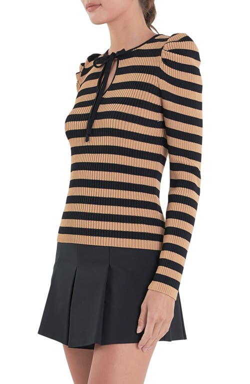English Factory Puff Shoulder Stripe Rib Knit Top In Tan/black