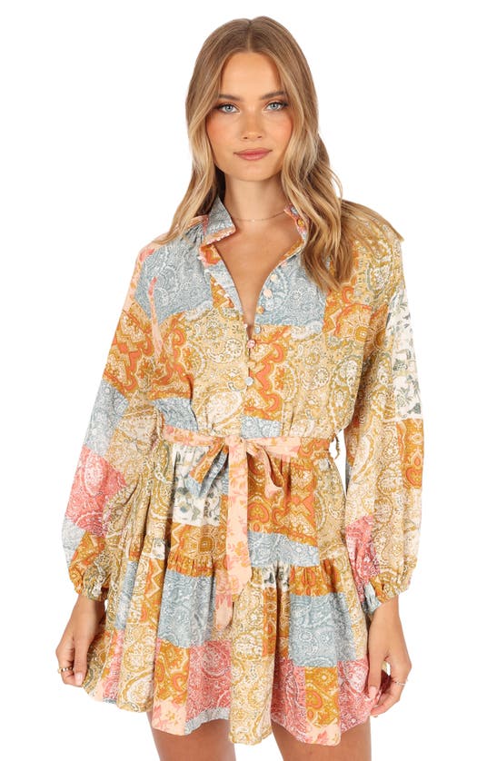 Petal And Pup Petal & Pup Silante Patchwork Print Belted Long Sleeve Shirtdress In Multi