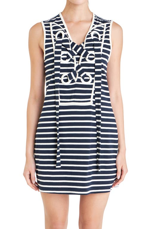 English Factory Stripe Lace-up Shift Dress In Navy/white