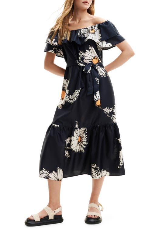 Georgeo Daisy Print Off the Shoulder Cotton Dress in Black
