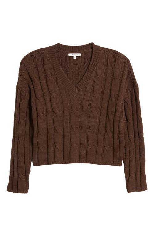 Shop Madewell Cable Knit V-neck Crop Sweater In Dark Coffee