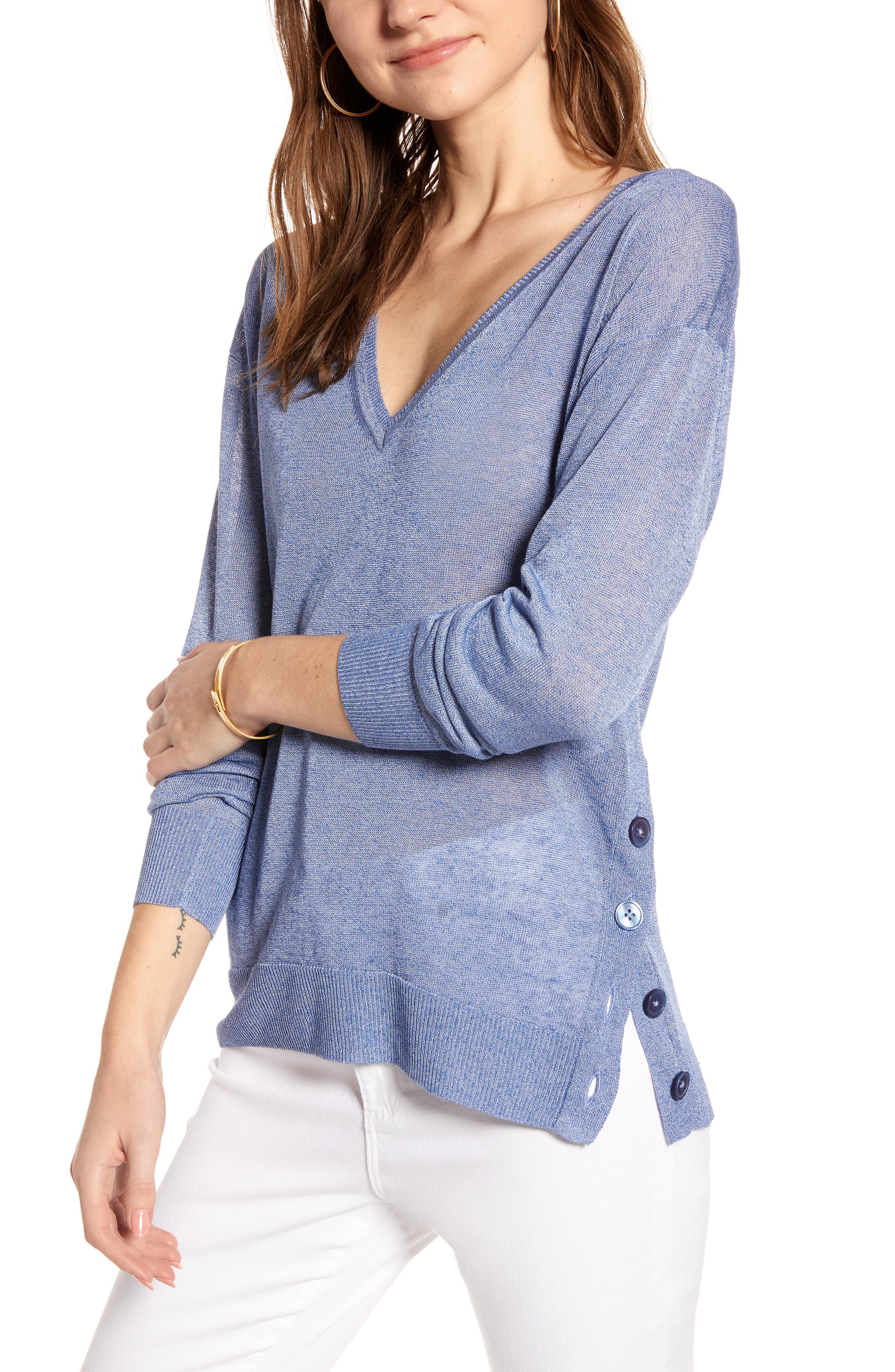 J.crew Side Button Linen Blend V-Neck Sweater, Blue