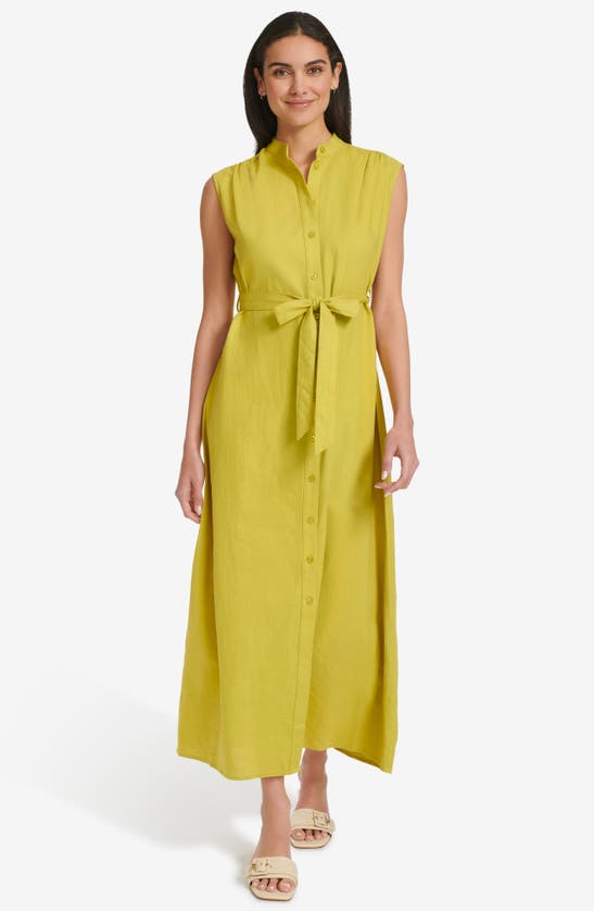 Shop Calvin Klein Sleeveless Linen Blend Maxi Shirtdress In Celery