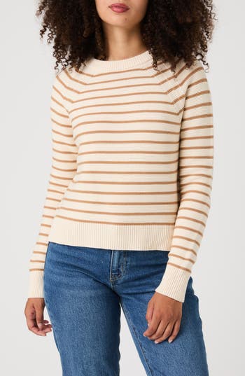 French Connection Mozart Stripe Crewneck Cotton Sweater In Ecru/caramel