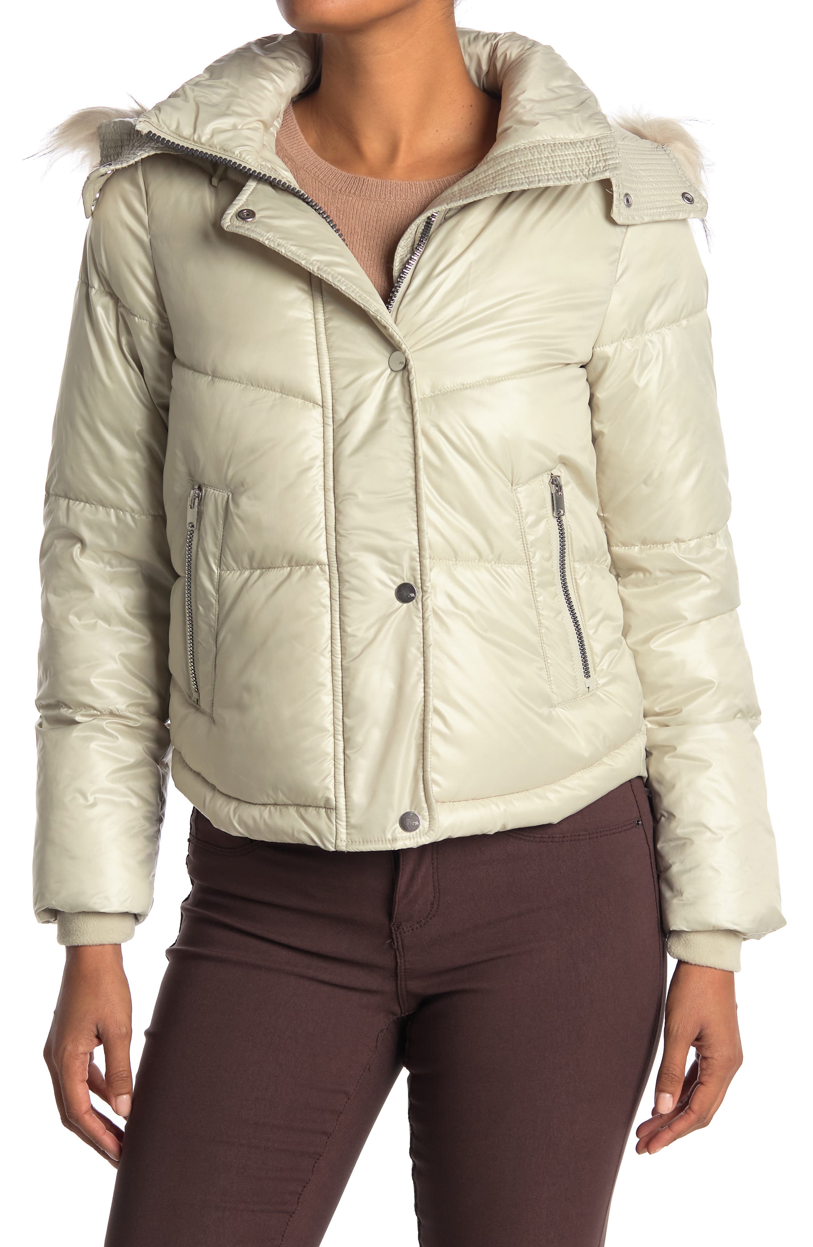 faux fur trim pocket detail puffer