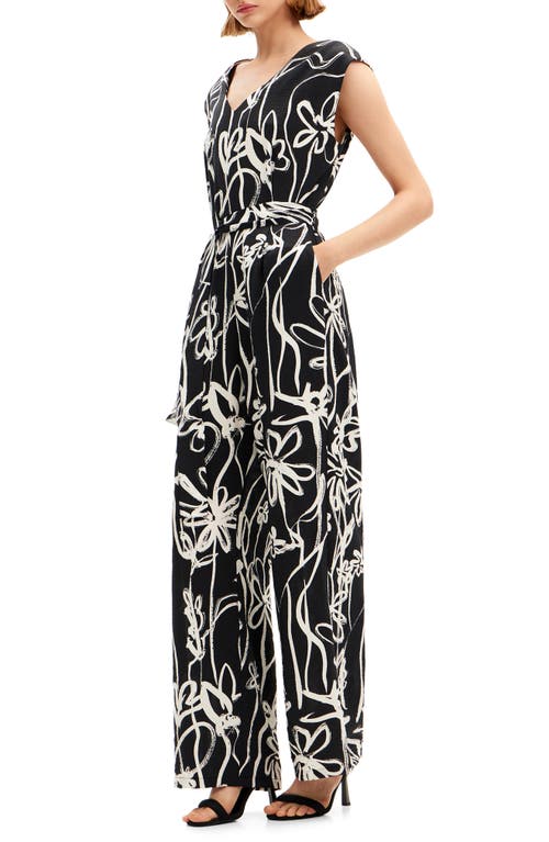 Desigual Long Jumpsuit With Arty Flowers. In Black