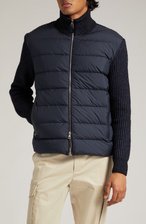 Moncler Mixed Media Down Puffer Cardigan in Dark Navy Blue at Nordstrom, Size X-Large