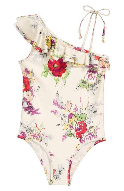Zimmermann Kids' Clover Floral Print Ruffle One-Piece Swimsuit in Lipstick Garden Floral