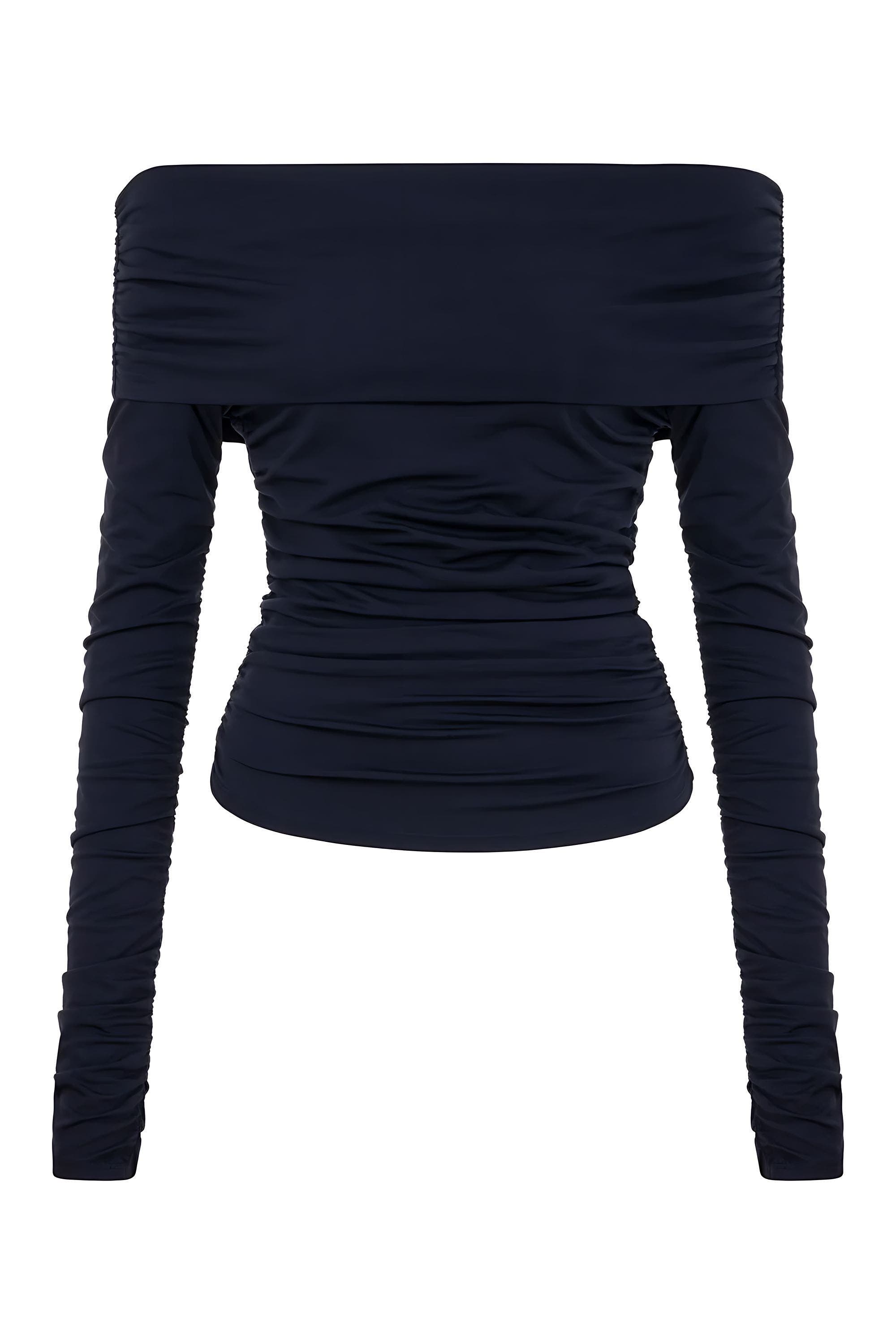 Nocturne Off Shoulder Blouse with Ruffle Detail in Navy Cover