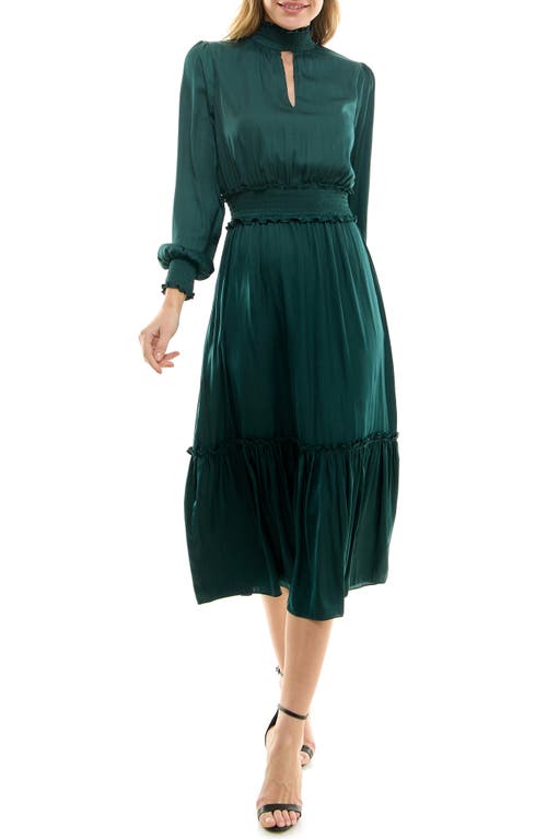 Smocked Long Sleeve Satin Midi Dress in Evergreen
