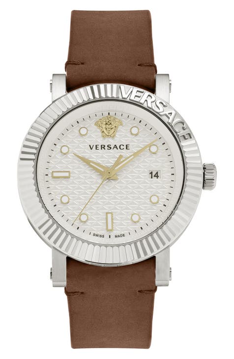 Versace V-Essential Men's Burgundy Leather Strap Watch
