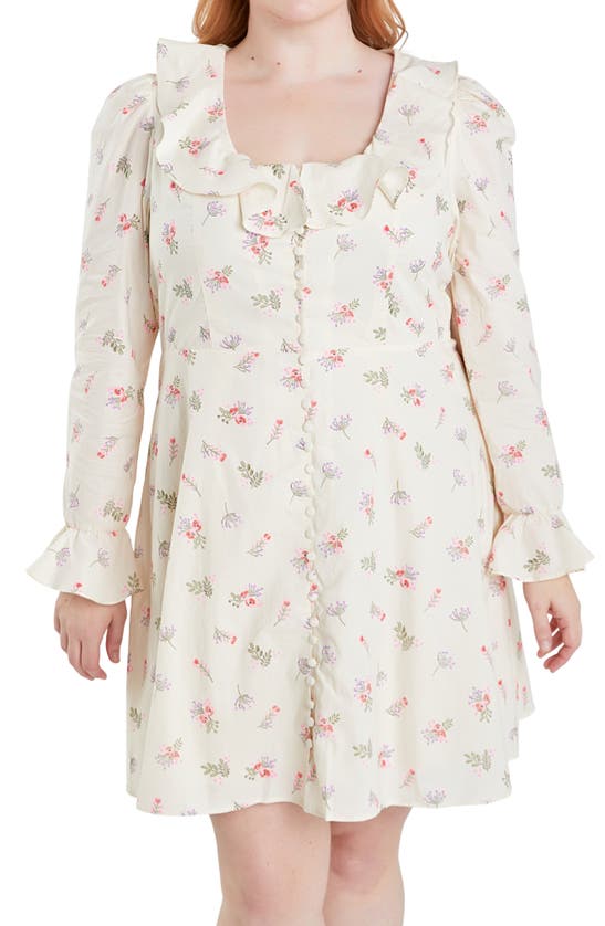 Shop English Factory Floral Ruffle Long Sleeve Cotton Dress In Ivory