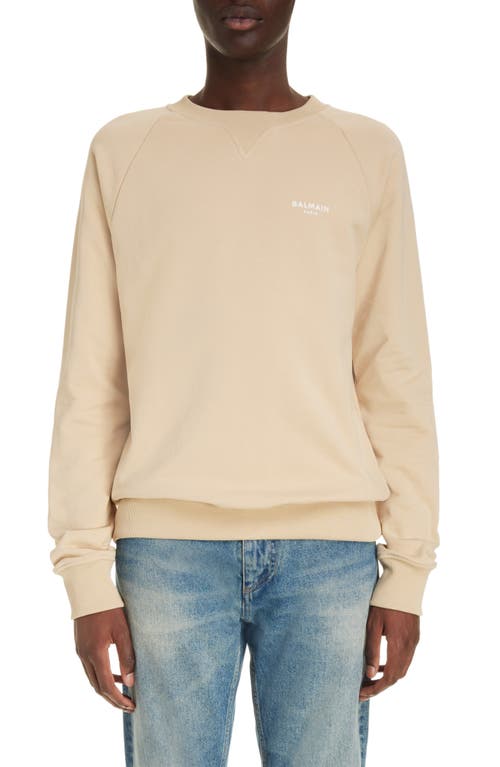 Balmain Flocked Logo Organic Cotton Sweatshirt Gse Light Beige/Multi at Nordstrom,