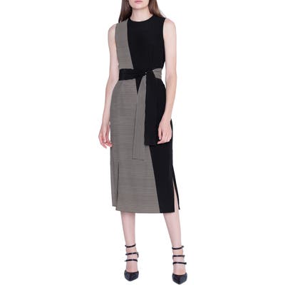Akris Bias Cut Contrast Belted Silk Midi Dress, Black