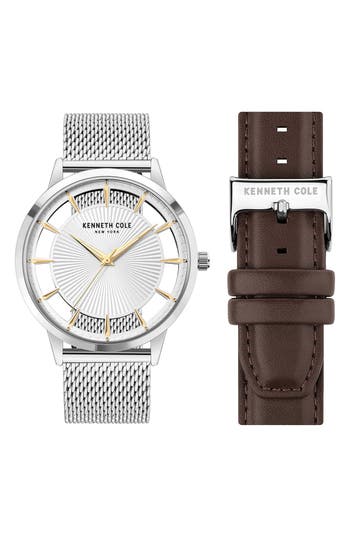 Kenneth Cole Three-hand Quartz Watch With Interchangeable Straps, 45mm In Brown