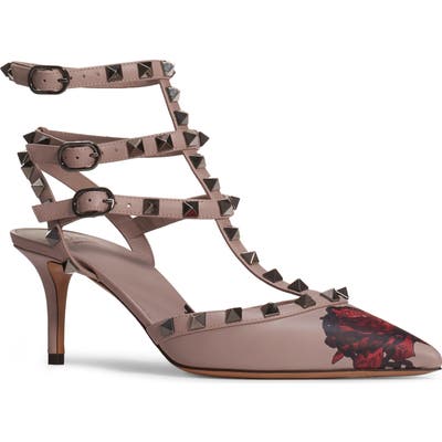 Valentino Garavani Rockstud Chain Rose Print T-Strap Pump, Beige