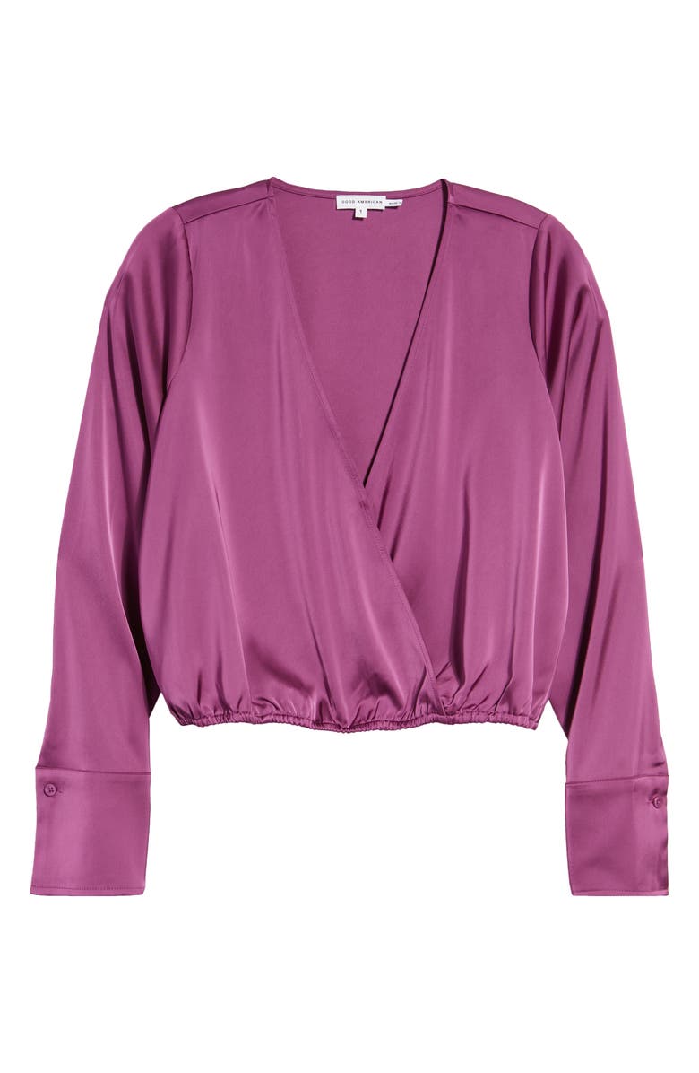 Good American Long Sleeve Stretch Satin Faux Wrap Top, Alternate, color, Pop Thistle005