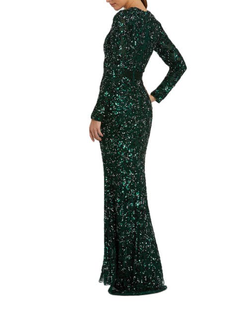 Mac Duggal Long Sleeve Gown In Forest Green