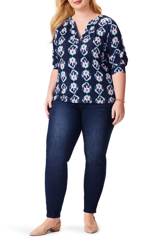 Nic + Zoe Nic+zoe Ocean Batik Elbow Sleeve Top In Indigo Multi