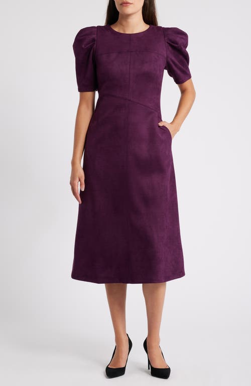 Shop Anne Klein Puff Sleeve A-line Midi Dress In Deep Plum