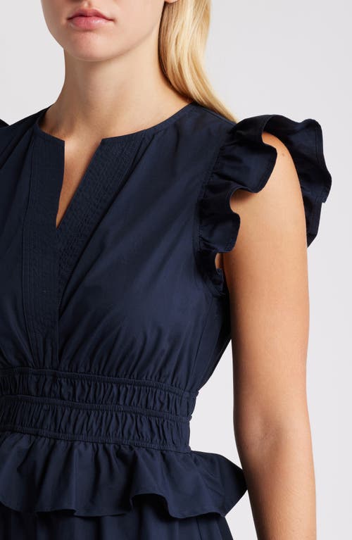 Shop Moon River Flutter Sleeve Tiered Cotton Dress In Navy