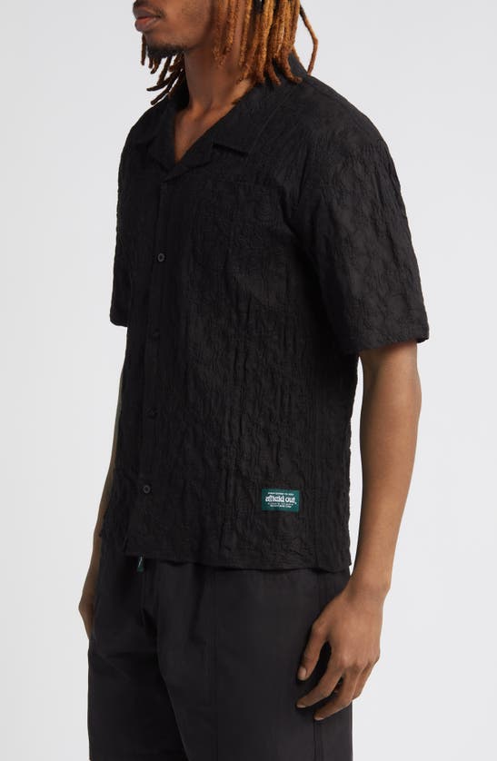 Shop Afield Out Textured Floral Short Sleeve Cotton Button-up Shirt In Black